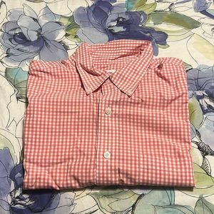 Brooks Brothers Coral/White Checkered Short Sleeve Shirt with Pocket, L